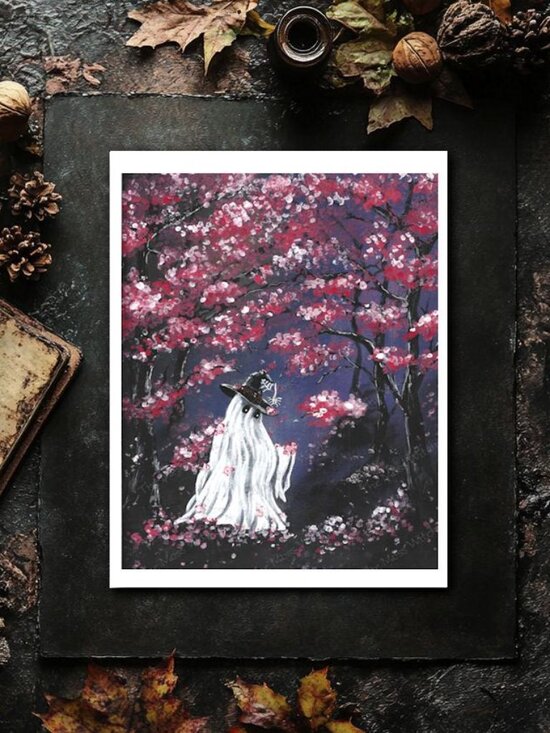 Handmade Other - 8x10 Fine Art Print, Witch Ghost Under Cherry Blossom Trees Haunted Painting, Sp